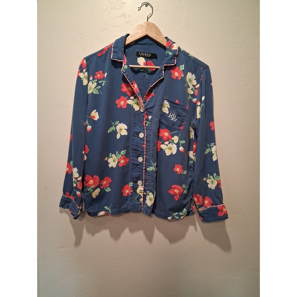 Lauren Ralph Lauren Women's Medium Blue Floral Print Pajama Notch Collar Top